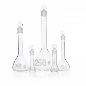 DWK Life Sciences Kimble® Kimax Volumetric Flasks, Class A, Heavy Duty, Wide Mouth with Glass Stopper